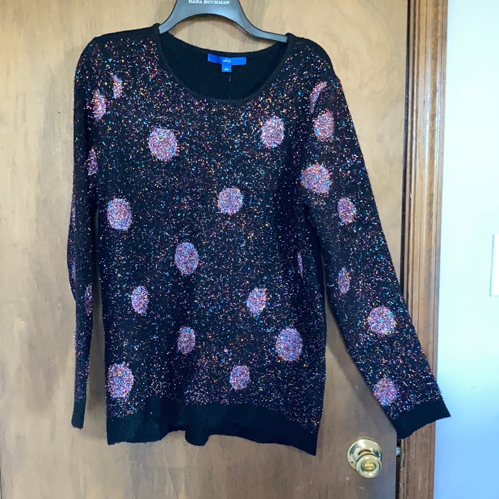 Apt 9 black multi color metallic accent polka dot retro sweater L